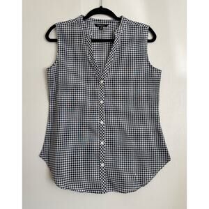 Navy and White Gingham Button Up V-Neck Blouse M